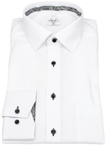 Marvelis Hemd - Modern Fit - Kontrastknöpfe - weiß - extra langer 69cm Arm