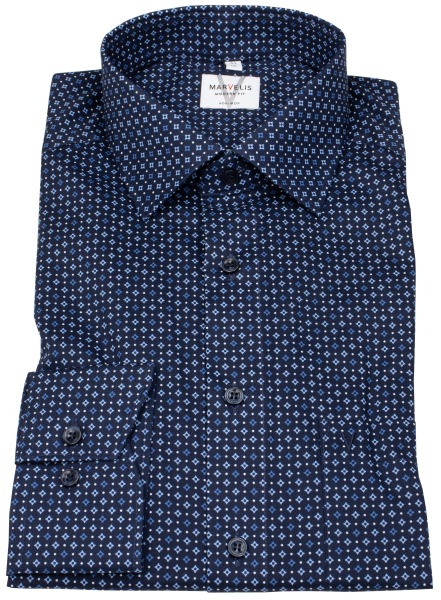 Marvelis Hemd - Modern Fit - Print - dunkelblau / hellblau - extra langer 69cm Arm