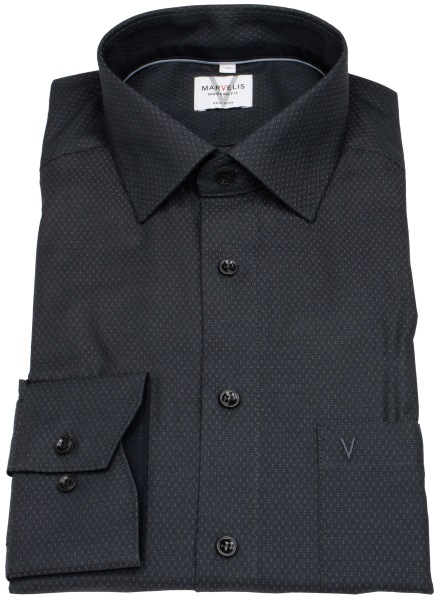 Marvelis Hemd - Modern Fit - Struktur - Chambray - schwarz - extra langer 69cm Arm