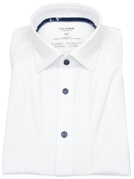 OLYMP Hemd - Level 5 Body Fit - 24/7 Flex Jersey - Kontrastknöpfe - weiß