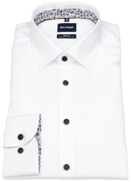 OLYMP Shirt - Level Five Body Fit - Texture - Contrast Buttons - White