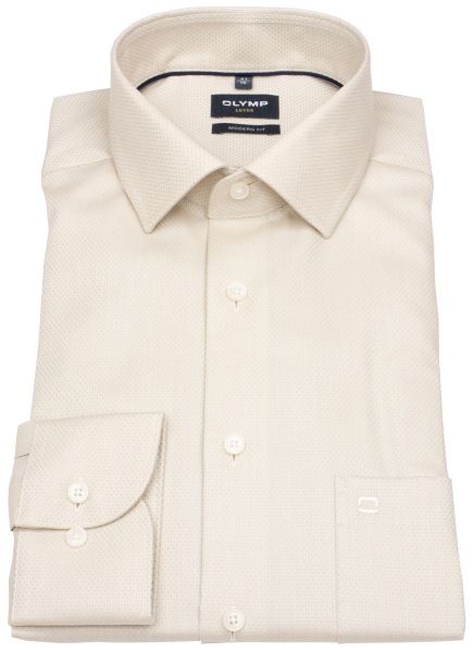 OLYMP Hemd - Modern Fit - Global Kent Kragen - Faux Uni Struktur - hellbeige