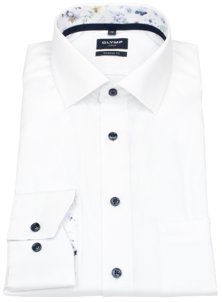 OLYMP Shirt - Modern Fit - Kent Collar - Structure - Contrast Buttons - White - w/o OP
