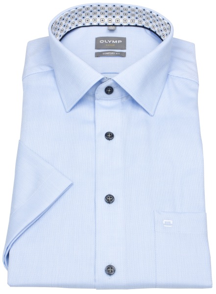OLYMP Kurzarmhemd - Comfort Fit - Faux Uni Struktur - Kontrastknöpfe - hellblau