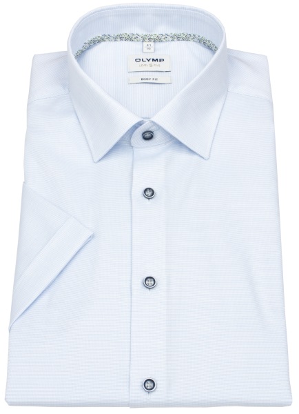 OLYMP Kurzarmhemd - Level 5 Body Fit - Struktur - Kontrastknöpfe - hellblau