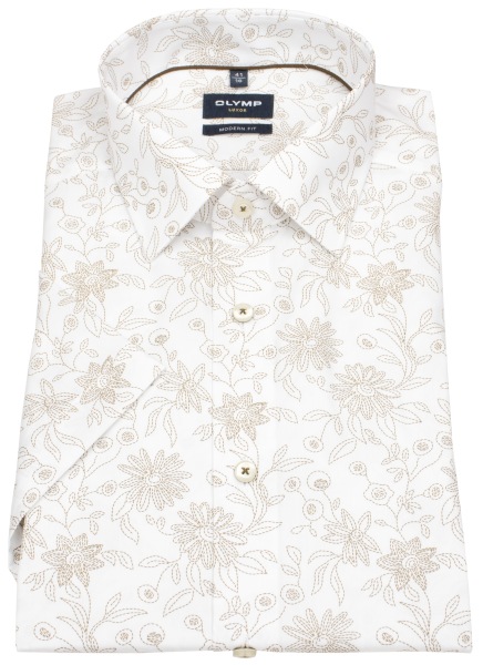 OLYMP Kurzarmhemd - Modern Fit - Print - beige / weiß