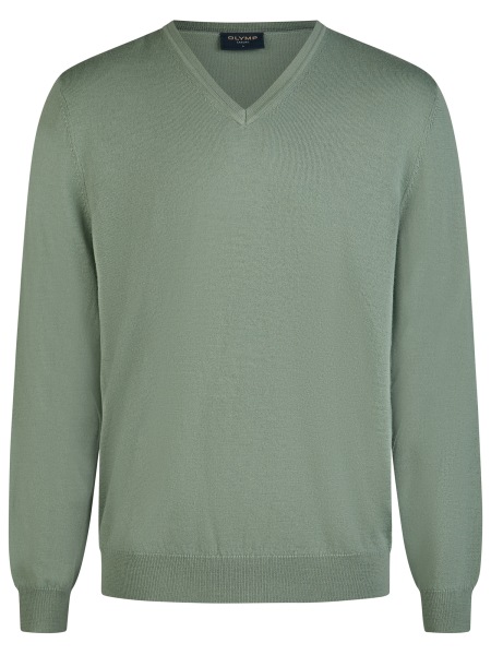 OLYMP Pullover - Regular Fit - Merinowolle - V-Ausschnitt - hellgrün