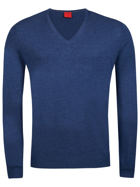 OLYMP Pullover - Regular Fit - V-Ausschnitt - Merinowolle mit Seide - blau