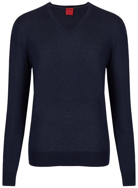 OLYMP Pullover - Regular Fit - V-Ausschnitt - Merinowolle mit Seide - dunkelblau