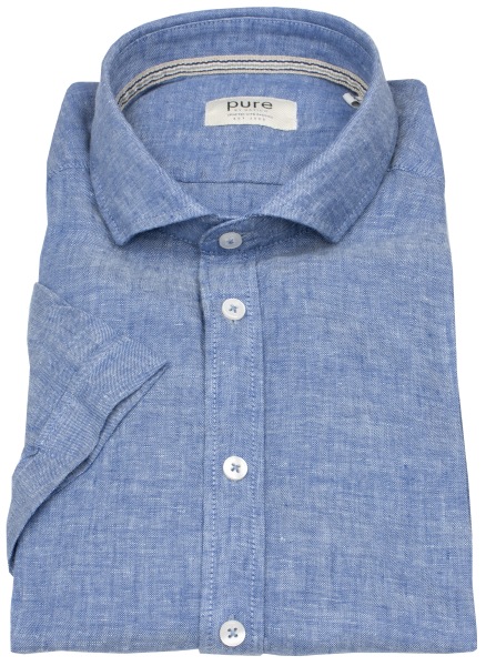 Pure Kurzarmhemd - Slim Fit Casual - Kentkragen - Leinen - blau