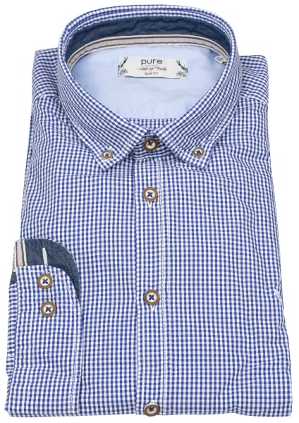 Pure Trachtenhemd - Slim Fit - Button Down - kariert - blau / weiß