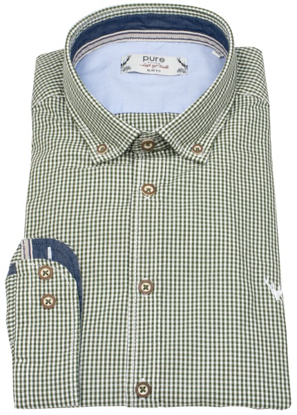 Pure Trachtenhemd - Slim Fit - Button Down - kariert - grün / weiß