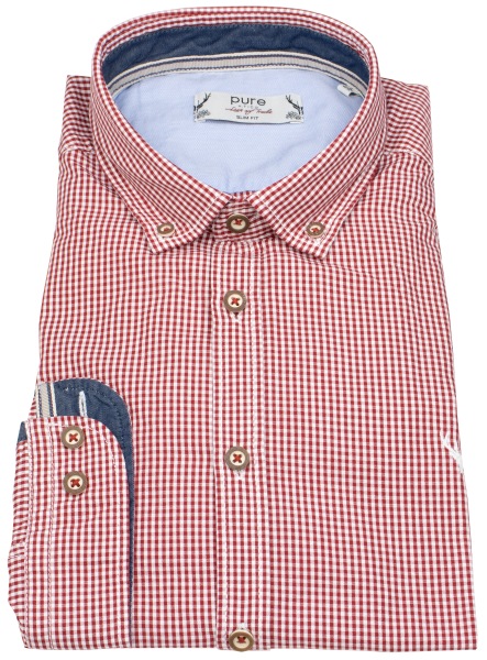 Pure Trachtenhemd - Slim Fit - Button Down - kariert - rot / weiß