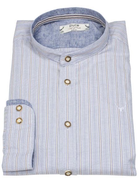 Pure Trachtenhemd - Slim Fit - Stehkragen - feine Streifen - blau