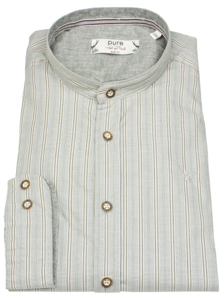 Pure Traditional Shirt - Slim Fit - Stand-Up Collar - Fine Stripes - Green