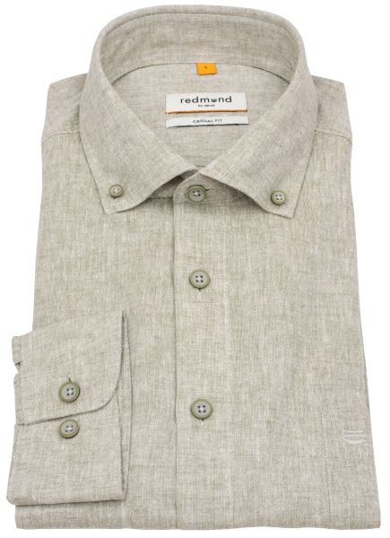 Redmond Hemd - Casual Fit - Button Down Kragen - Leinen Mix - beige
