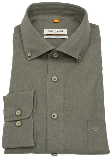Redmond Hemd - Casual Fit - Button Down Kragen - Leinen Mix - olivgrün