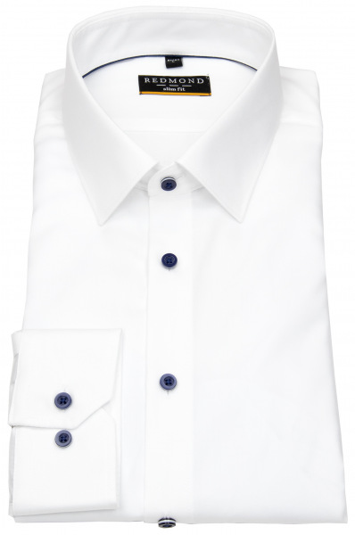 Redmond Hemd - Slim Fit - Kentkragen - Twill - blaue Kontrastknöpfe - weiß