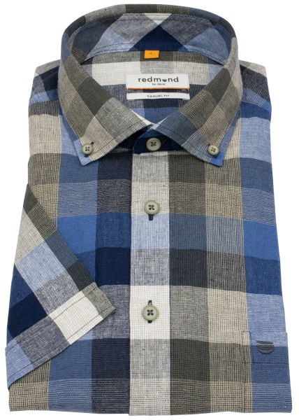 Redmond Kurzarmhemd - Casual Fit - Leinen Mix - Button Down - kariert - mehrfarbig