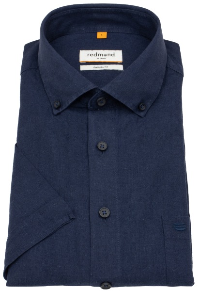 Redmond Kurzarmhemd - Casual Fit - Leinen Mix - Button Down Kragen - dunkelblau