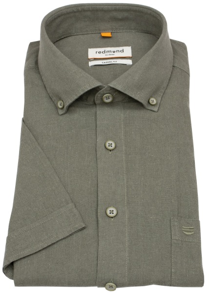 Redmond Kurzarmhemd - Casual Fit - Leinen Mix - Button Down Kragen - grün