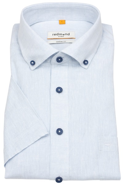 Redmond Kurzarmhemd - Casual Fit - Leinen Mix - Button Down Kragen - hellblau
