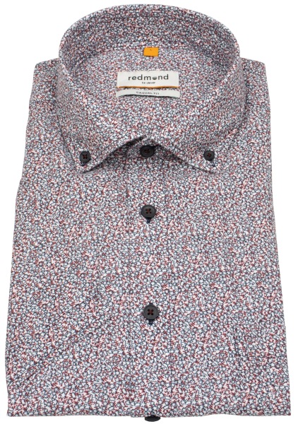 Redmond Kurzarmhemd - Casual Fit - Leinen Mix - Button Down - Print - rot
