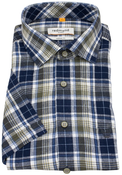 Redmond Kurzarmhemd - Casual Fit - Leinen Mix - kariert - blau / grün
