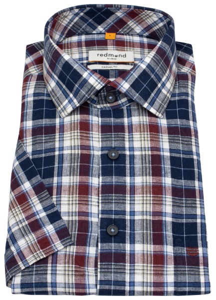 Redmond Kurzarmhemd - Casual Fit - Leinen Mix - kariert - rot / blau