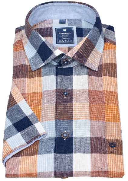 Redmond Kurzarmhemd - Regular Fit - Leinen - kariert - blau / orange - ohne OVP - 251160999 210 