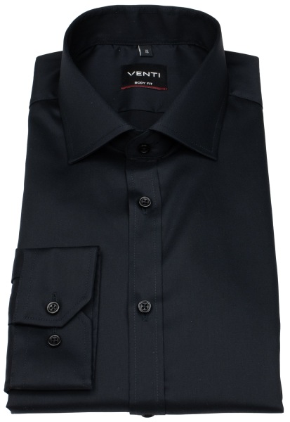 Venti Hemd - Body Fit - Kentkragen - Twill - schwarz - extra langer 69cm Arm